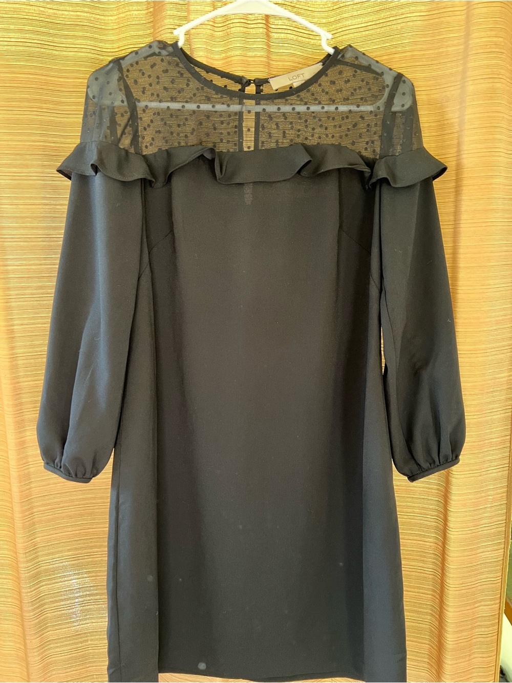 LOFT Black Ruffle-Trim Sheer Yoke Long Sleeve Dress